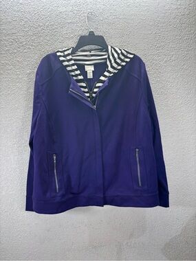 Chico's Purple Zip-Front Bomber Jacket with Striped Hood